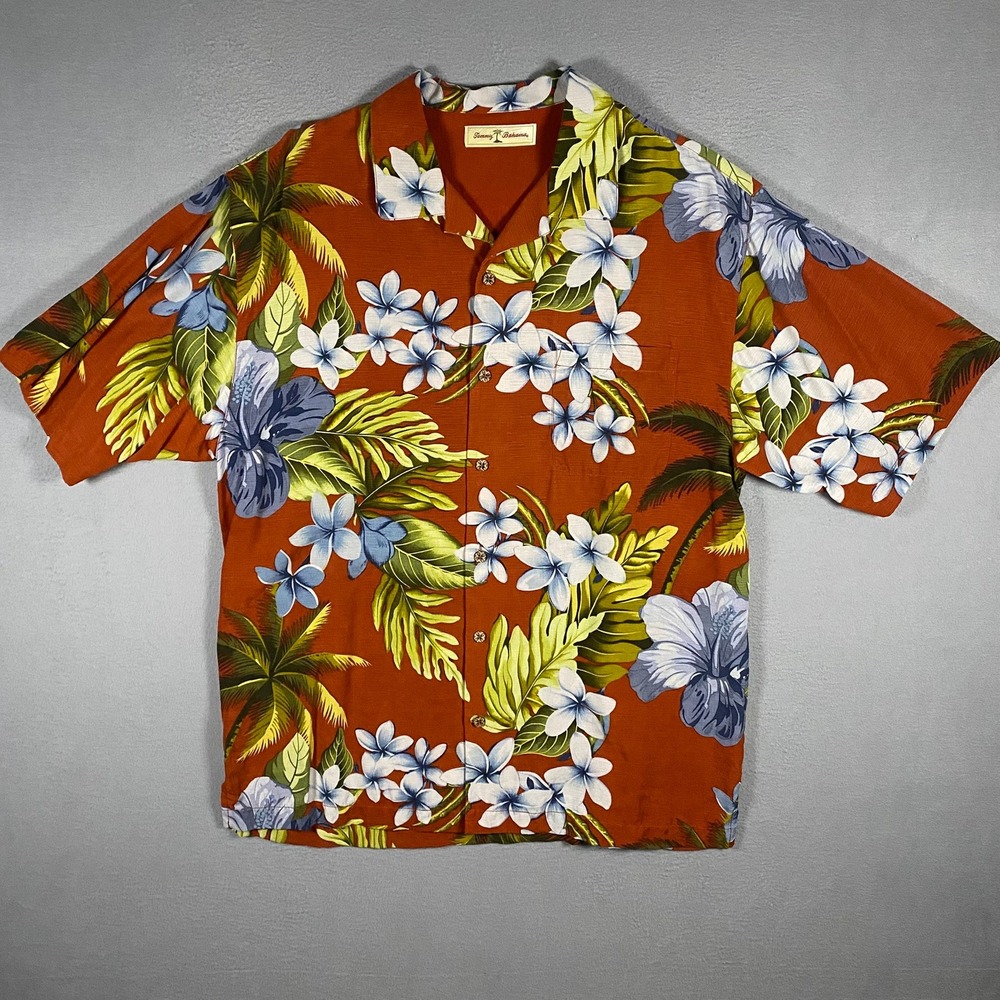 Tommy Bahama Mens Large 100% Silk Orange Tropical Hibiscus Palm Camp Shirt L - Picture 2 of 6